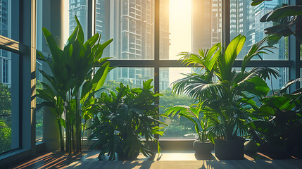 Raios de sol entram pelas grandes janelas lançando um brilho quente em uma coleção de exuberantes plantas verdes em um ambiente interno