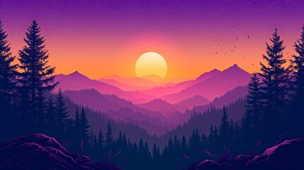 sunset in the mountains, Mountain Landscape with bright sky and purple trees color Vector silhouette generative AI