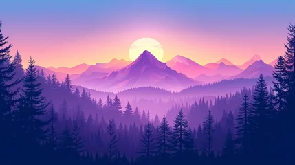Zelfklevend Fotobehang sunrise in mountains Mountain Landscape with bright sky and purple trees color Vector silhouette generative AI © OOTIDI