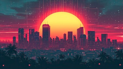 city sunset, sunset over city, skyline at sunset Retro 80s city Background Vector silhouette generative AI - obrazy, fototapety, plakaty