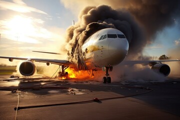 Aviation Disaster: A Plane Ignites in Flames on the Runway, Unleashing Chaos and Emergency Response in a Gripping Airport Tragedy.	