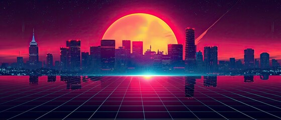 city at sunset, sunset over city, skyline at sunset Retro 90s city Background Vector silhouette generative AI - obrazy, fototapety, plakaty