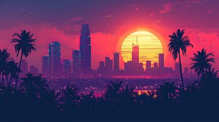 country skyline at sunset, Retro 90s city Background Vector silhouette generative AI