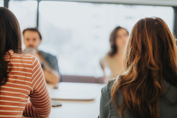 Focused group of people in a meeting with blurred background in a bright office.