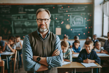  a smiling adult teacher standing in the classroom

