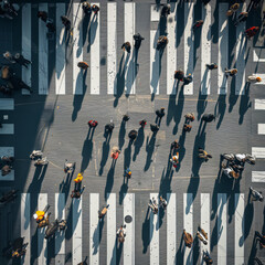 Aerial shot of crowd of people at city intersection. Top view.