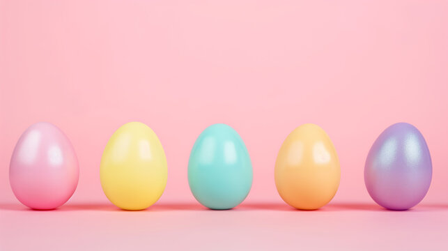 decorated Easter eggs in a row against a solid background
