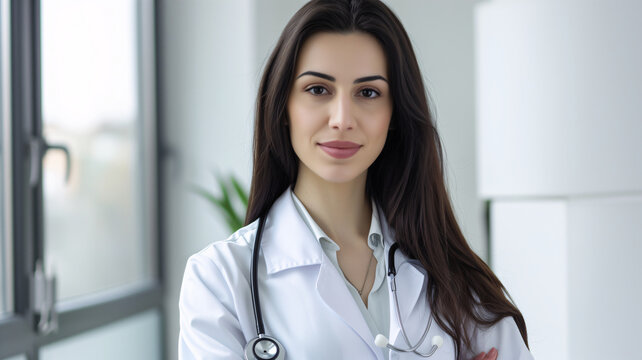 Profile photo of attractive doctor with crossed arms wearing white lab coat stethoscope