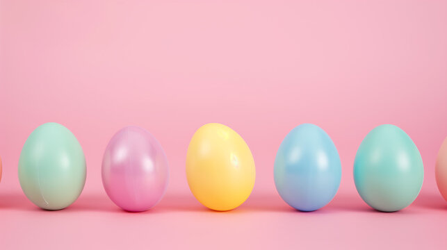 decorated Easter eggs in a row against a solid background