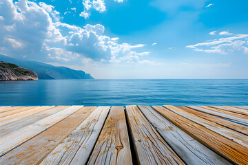 deck wooden surface with sea view and mountains overlooking sea - obrazy, fototapety, plakaty