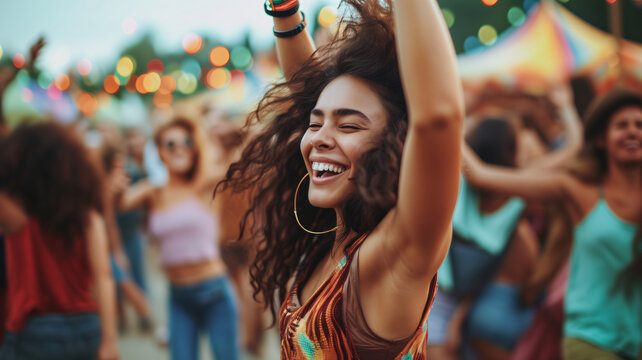 Portrait of an Afro-American woman dancing and enjoying music among a crowd of people at a music concert