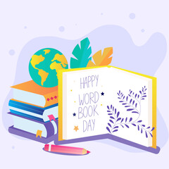 happy world book day with a stack of books and pencil, back to school illustration