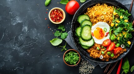 Background of delicious Nasi Goreng with generous text space, featuring a flavorful and spicy traditional Indonesian dish adorned with eggs, vegetables, and a sprinkle of selected spices
