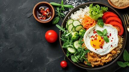 Delicious Nasi Goreng background with ample space for text, showcasing a flavorful and spicy traditional Indonesian dish topped with eggs, vegetables, and a garnish of selected spices