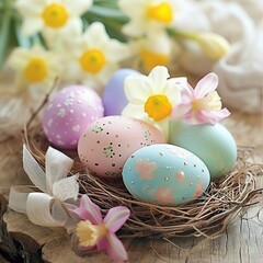 Obraz na płótnie Canvas Nostalgic Easter Composition with Pastel Eggs and Daffodils. Generative AI.