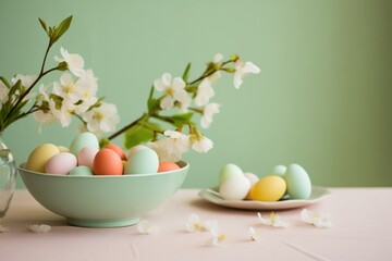 Pastel Easter Eggs in Soft Spring Ambience. Generative AI.