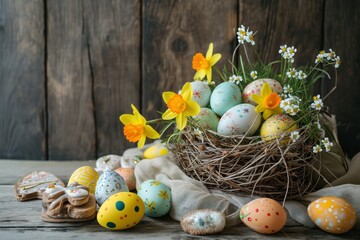 Obraz na płótnie Canvas Springtime Easter Nest with Daffodils and Speckled Eggs. Generative AI.