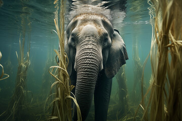 Bizarre elephant under water with stalks of corn 