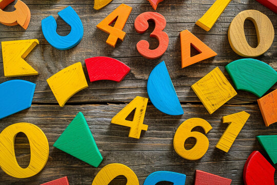 Сolorful math fractions on the wooden backgrounds. interesting math for kids. Education, back to school concept. Geometry and mathematics materials. AI Generated - Powered by Adobe
