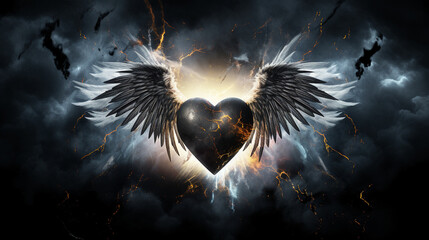 The background of the writing is winged hearts, lightning strikes, Generate AI.