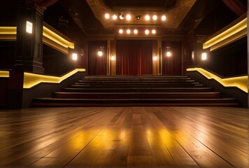 Wooden floor with yellow lights on stage in a theater background from Generative AI