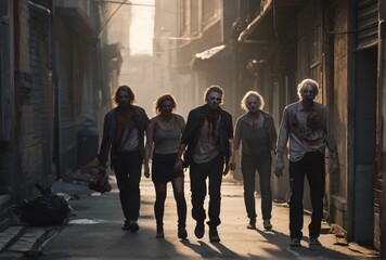  Group of zombies walking on the city back alley at morning from Generative AI