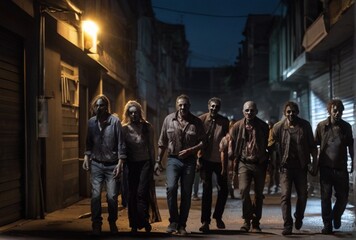 Group of zombies walking on the city back alley at nights from Generative AI - Powered by Adobe