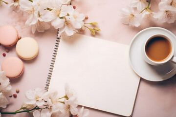 Obraz na płótnie Canvas a white sheet of paper in the album lies on the table next to a mug of coffee, macaroons and a branch of spring apple or cherry blossoms, a place for text