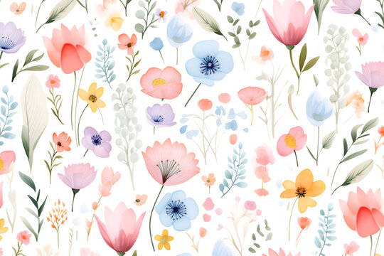 pattern colorful spring and summer flowers painted in watercolor on a white background