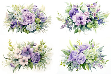 a set of bouquets of delicate purple flowers painted in watercolor on a white background