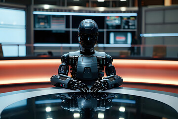 the robot in news studio as a news presenter, speaking, looking at camera, modern studio, blurred  background.  Artificial intelect in future life.  AI Generated	