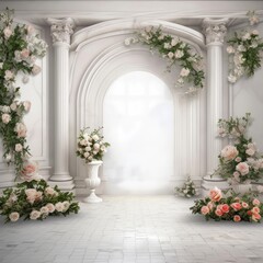 Elegant Maternity Wedding Backdrop: White Room, Floral Wall Decor, Timeless Elegance, Maternal Grace, Serene Atmosphere, Blooming Beauty, Stylish Expectations, Chic Maternity Setting, 