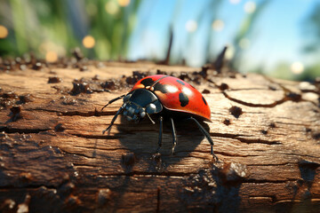 A big ladybird on a cracked log