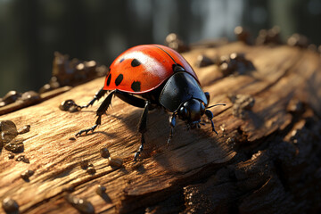A big ladybird on a cracked log