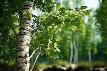 Fototapeta premium birch tree with green leaves on thin branch in natural garden background