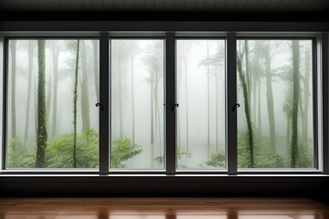 Rainy forests, dark skies, rain outside, raindrops on a square window frame. Generative AI