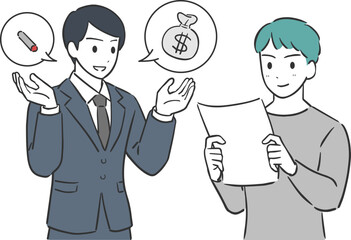 勧誘するビジネスマンと男性のイラスト