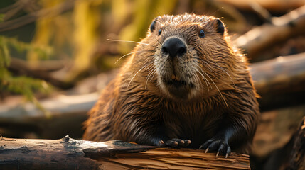 a cute beaver, chewing wood, beautiful wood house blurred in background