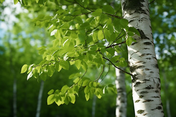 Obraz premium birch tree with green leaves on thin branch in natural garden background