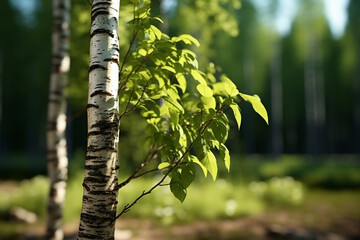 Fototapeta premium birch tree with green leaves on thin branch in natural garden background