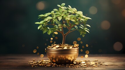 Chinese good fortune and lucky plant with gold coin illustration - obrazy, fototapety, plakaty