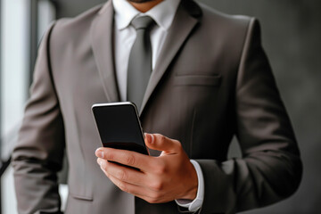 Successful businessman in suit holding smartphone
