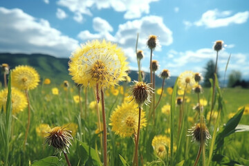 Blooming dandelions in the afternoon on a summer meadow