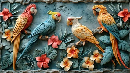 cartoon bright fantacy relief wall sculpted marble, tropical flowers and leaves background, pastel...
