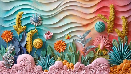 cartoon bright fantacy relief wall sculpted marble, tropical flowers and leaves background, pastel...