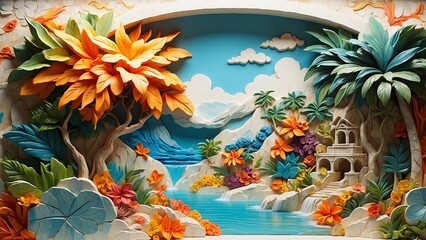 Fototapeta na wymiar cartoon bright fantacy relief wall sculpted marble, tropical flowers and leaves background, pastel colors