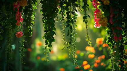Folhas verdes vibrantes caem como uma cortina natural criando um ambiente exuberante e tranquilo  Uma delicada variedade de flores coloridas acrescenta um toque de elegância e beleza à cena - obrazy, fototapety, plakaty