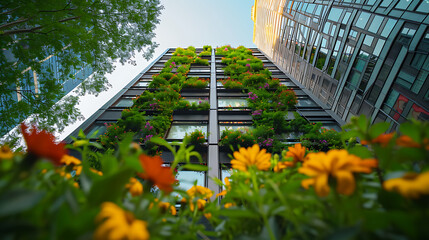 Plantas verdes vibrantes tombam pelos lados de um moderno edifício alto criando um contraste marcante com a arquitetura de metal e vidro - obrazy, fototapety, plakaty