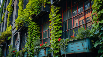 Fototapeta na wymiar Plantas verde vibrantes caem pelas laterais dos prédios industriais suas folhas criando um contraste marcante contra o concreto e metal