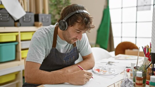 Confident young bearded artist, headphones on, lost in music, passionately drawing in his cozy art studio
